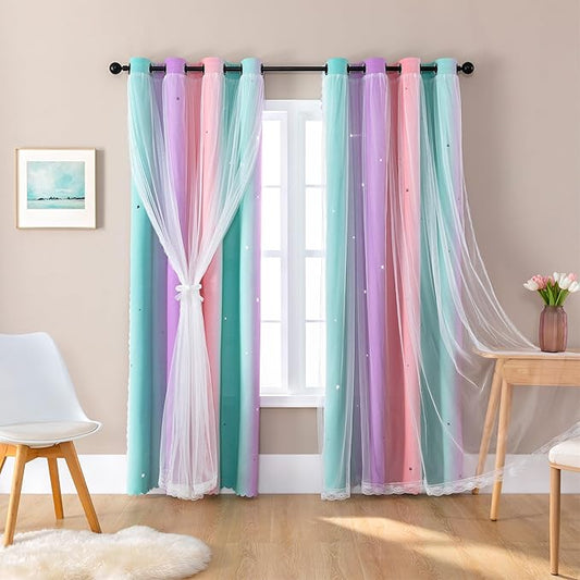 XiDi Girl Blackout Curtains for Bedroom Living Room 84 Inch Length 2 Panels Set Rainbow Pink Curtains Room Darkening Thermal Insulated Grommet Window Drapes Princess Nursery Pink Purple Green 42x84