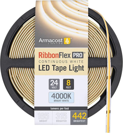 Armacost Lighting RibbonFlex Pro 24V White COB LED Strip Light Tape 4000K, 442 Lumens/Ft, 2.5M 173310