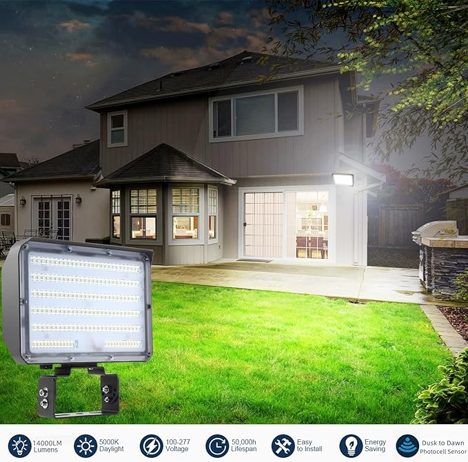 Dusk to Dawn Outdoor 100W LED Flood Light, 14000LM 1000W Equivalent, 100-277V 5000K Daylight, ETL Commercial LED Flood Light Fixture, Outdoor Security Lighting for Landscape,Parking Lot