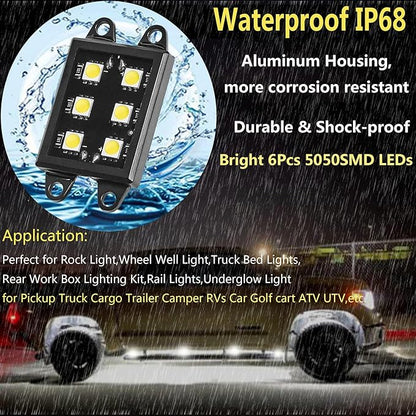 LED Truck Bed Light Kit-48 White LEDs Pickup Bed Lighting Kit,Rear Work Box Lighting Kit,Rail Lights,Side Marker Rock Light for Truck Pickup Cargo Trailer RVs Under Car w/Switch-8Pcs