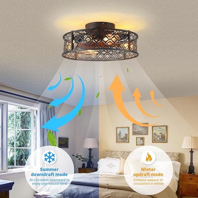 20" Caged Ceiling Fans with Lights Flush Mount Ceiling Fan with Remote,Small Black Low Profile Bladeless Ceiling Fan Light Fixture for Bedroom, Kitchen, Dining Room 4 bulbs Included,6 Speeds