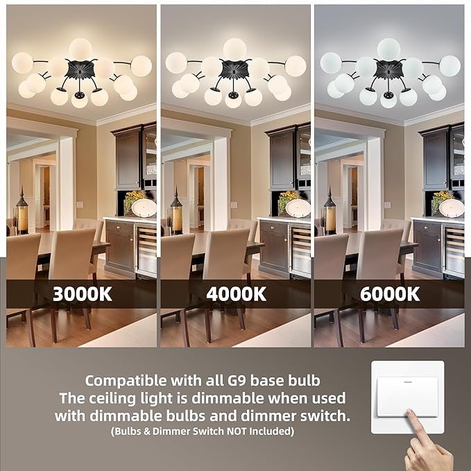Longree 12-Light Black and White Sputnik Chandelier Opal Glass Flush Mount Ceiling Light Fixture with Blossom Accent, Mid Century Milk Glass Bubble Starburst Lighting for Dining Living