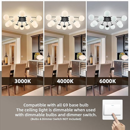Longree 12-Light Black and White Sputnik Chandelier Opal Glass Flush Mount Ceiling Light Fixture with Blossom Accent, Mid Century Milk Glass Bubble Starburst Lighting for Dining Living