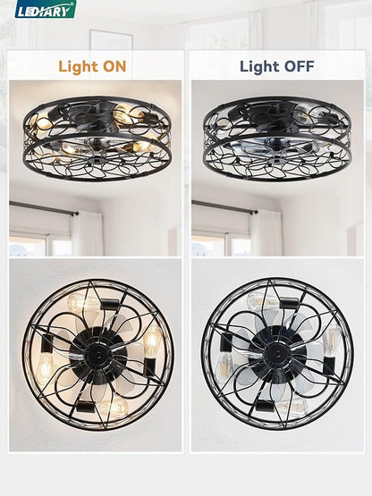 LEDIARY 20 Inch Caged Ceiling Fans with Lights, Black Flush Mount Ceiling Fan with Remote, Low Profile Bladeless Ceiling Fan Light Fixture for Bedroom, Kitchen, Dining Room