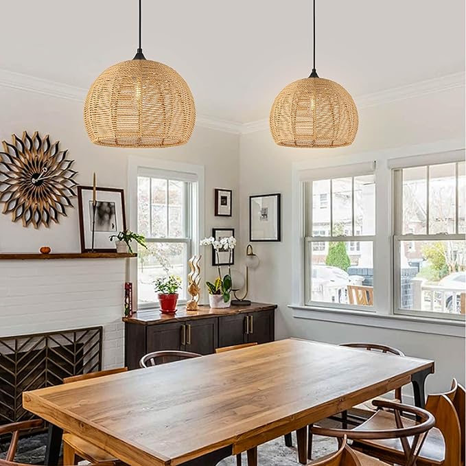 Wicker Pendant Lights 12.2" Hemp Rope Woven Pendant Light Woven Light Fixture Boho Chandelier Light Fixture Boho Chandelier Fixture Wicker Chandelier for Dining Room Kitchen Island