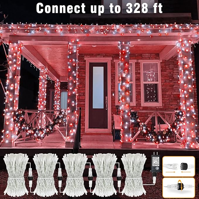 100FT 300 LED Outdoor String Lights, Plug in Christmas Lights Indoor Waterproof with 8 Modes, Connectable Twinkle Fairy Lights Clear Wire for Bedroom Home Wedding Patio Decorations, Red and White