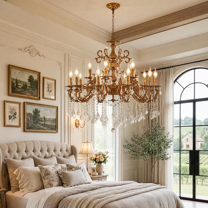 Vintage 10 Arms Crystal Chandelier Candle Light Fixture for Dining Room Living Room Bedroom Hallway Entryway Antique Gold Finish (34"-15 Lights)