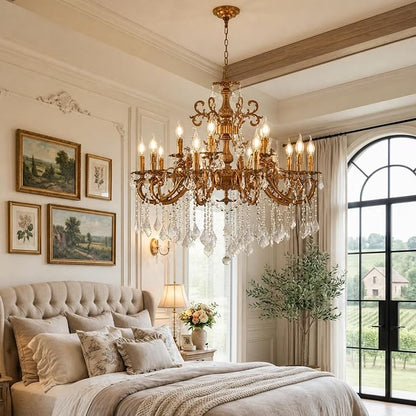 Vintage 10 Arms Crystal Chandelier Candle Light Fixture for Dining Room Living Room Bedroom Hallway Entryway Antique Gold Finish (34"-15 Lights)