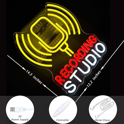 Recording Studio Neon Sign Microphone LED Light for Music Room Decor, Vintage Mic Wall Art for Home Studio Podcast Room, Singer Musician Gifts, Karaoke Bar Wall Decoration(12.2 * 14.5inch)