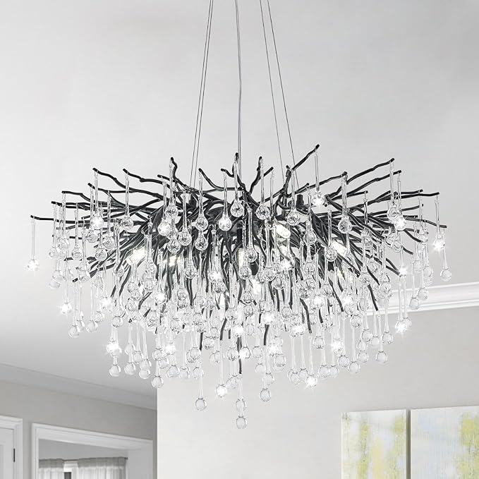 Chandeliers for Dining Room - 31.5" Modern Black Crystal Chandelier, Round Tree Branch Raindrop Chandelier, Foyer Chandeliers for Entryway, Living Room,Bedrooms,Bathroom(Bulb not Included)