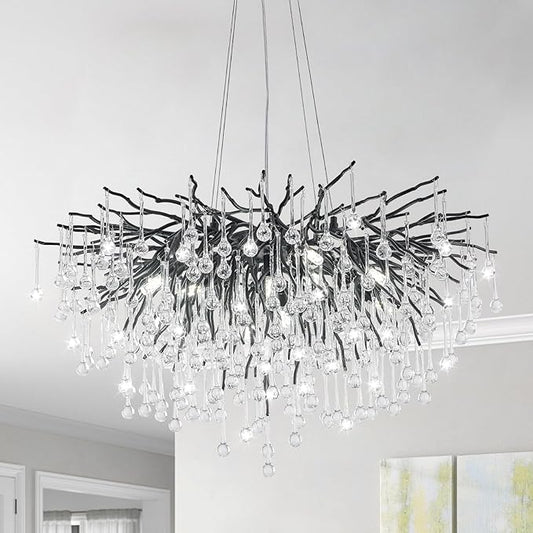 Chandeliers for Dining Room - 31.5" Modern Black Crystal Chandelier, Round Tree Branch Raindrop Chandelier, Foyer Chandeliers for Entryway, Living Room,Bedrooms,Bathroom(Bulb not Included)