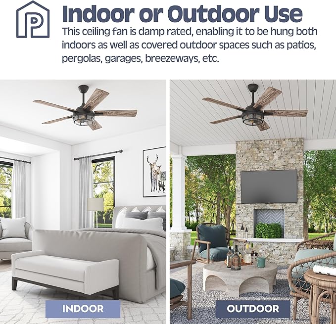 Prominence Home Freyr, 52 Inch Indoor Outdoor LED Ceiling Fan with Light, Remote Control, Dual Mounting Options, 5 Dual Finish Blades, Reversible Motor - 51484-01 (Textured Black)