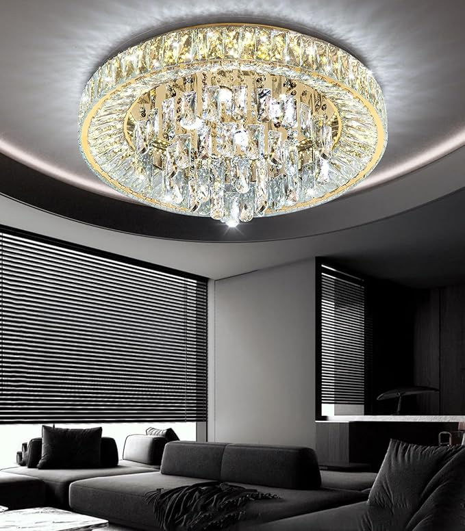 23.6" Modern Crystal Chandeliers LED Dimmable Flush Mount Ceiling Chandeliers for Living Room Entrance Foyer Bedroom Gold