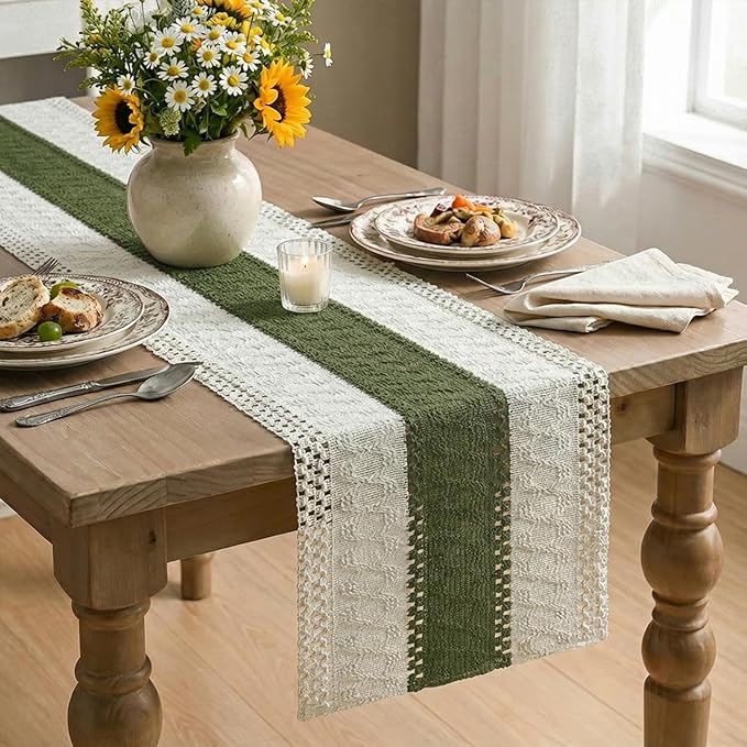 Artoid Mode Army Green Farmhouse Rustic Table Runner, Seasonal Holiday Hollow Kitchen Dining Table Decoration for Home Party Decor 12x90 Inch