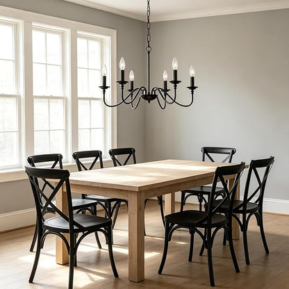 Farmhouse Black Chandelier 6-Light Candle Style Rustic Chandelier, Industrial Metal French Country Ceiling Light Fixture for Dining Room, Kitchen Island, Living Room, Bedroom, Entryway, Foyer