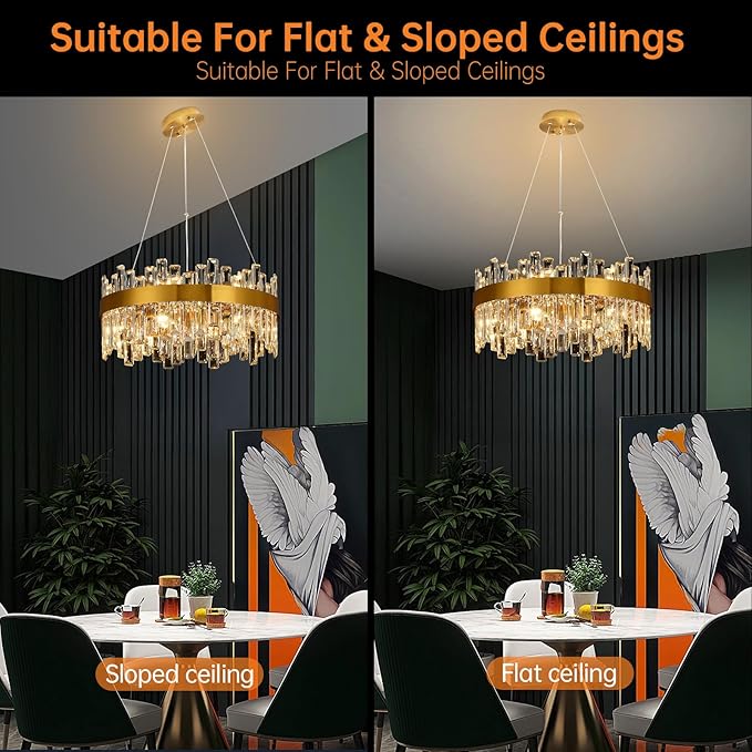 Crystal Chandeliers for Dining Room Lights Fixtures, 12 Lights Luxury Gold Modern Chandeliers for Bedroom, 2-Tier Round Crystal Lighting Fixtures for Living Room Entryway Kitchen Island D20 Inch