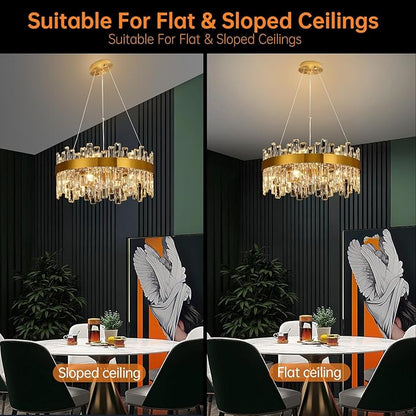 Crystal Chandeliers for Dining Room Lights Fixtures, 12 Lights Luxury Gold Modern Chandeliers for Bedroom, 2-Tier Round Crystal Lighting Fixtures for Living Room Entryway Kitchen Island D20 Inch