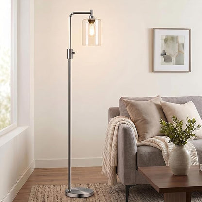 【Upgraded】Dimmable Floor Lamp for Living Room with Glass Lampshade, Brushed Nickel Modern Floor Lamp with 900LM LED Bulb Included, Bright Standing Tall Lamp for Bedroom, Office, Reading Room, Corner