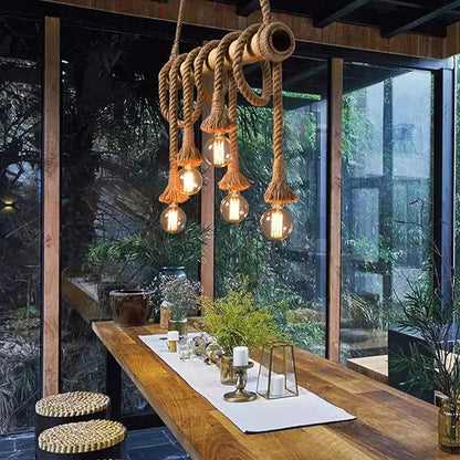 Arturesthome 6 Heads Hemp Rope Pendant Light, Vintage Bamboo Chandeliers Fixture Kitchen Island, Rustic Industrial Hanging Lamp for Bedroom Restaurant Cafe Bar Country Style Decoration