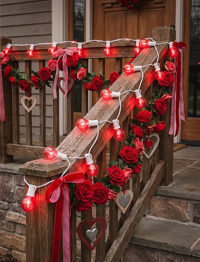50Ft G40 LED Valentine's Day String Lights Outdoor, Valentines Decorations Lights with 27 Red Shatterproof Globe Bulbs, Hanging Patio Lights for Outside Wedding Backyard Porch Roofline, White Wire