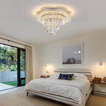 18" Sliver Crystal LED Ceiling Light with Remote Control,Flush Mount Chandelier with 3-Color Dimmable for Living Room Bedroom Dining Room Hallway - Modern Flower Design