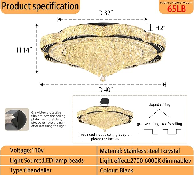 Modern Empire Crystal Chandelier Black 40inches Crystal Raindrop Ceiling Light for Living Room Bedroom LED Infinity Dimmable 3000-6000K