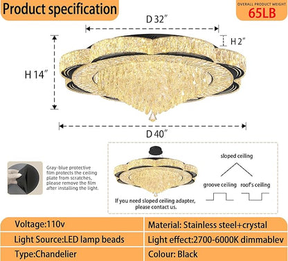 Modern Empire Crystal Chandelier Black 40inches Crystal Raindrop Ceiling Light for Living Room Bedroom LED Infinity Dimmable 3000-6000K