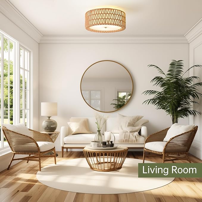 Boho Rattan Ceiling Light 15.7" Flush Mount Ceiling Light 3-Light Rattan Light Fixture, Bohemian Semi Flush Mount Ceiling Light Bedroom Ceiling Light for Dining Room Hallway Entryway Foyer