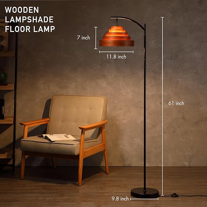 O’Bright Strata Wooden Floor Lamp - Mid Century Modern Standing Lamp with Layered Wood Shade, Tall Reading Lamp for Living Room, Bedroom, Office, Black, Dark Oak, Cascade Shade