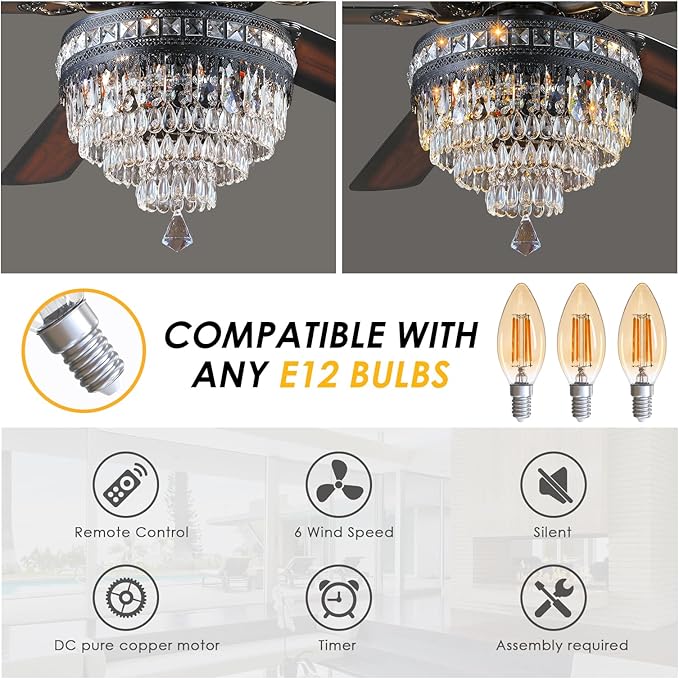 Asyko 62" Crystal Ceiling Fan Fandelier with Lights - Black Modern Crystal Chandelier Fans with Remote Control，Noiseless DC Motor, Retro/Farmhouse Lighting, Dining Room， Living Room