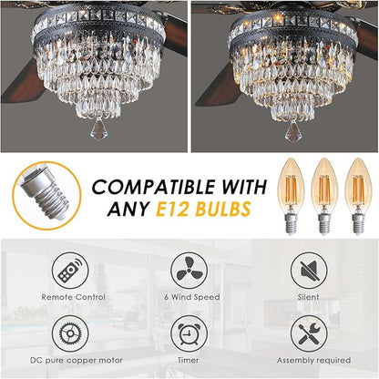 Asyko 62" Crystal Ceiling Fan Fandelier with Lights - Black Modern Crystal Chandelier Fans with Remote Control，Noiseless DC Motor, Retro/Farmhouse Lighting, Dining Room， Living Room