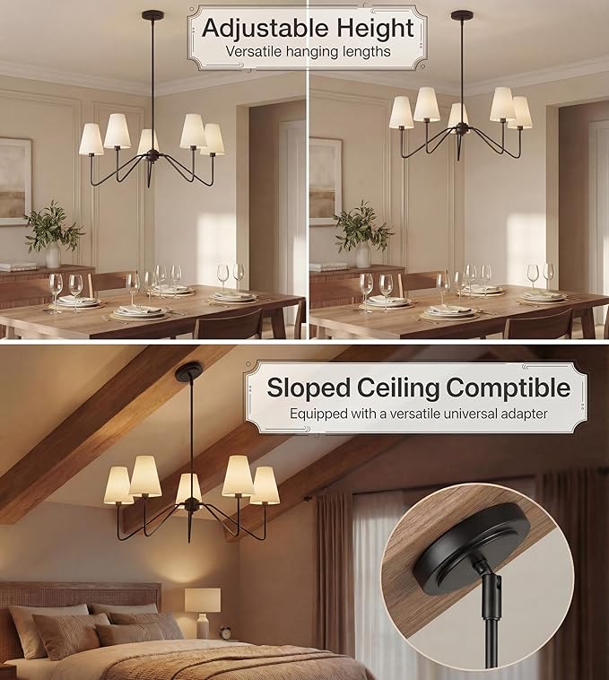 Electro bp;30" Dia 5-Arm Classic Chandeliers Matt Black with White Linen Shades,Light Fixture for Dining Room,Living Room,Bedroom,E12,200W;
