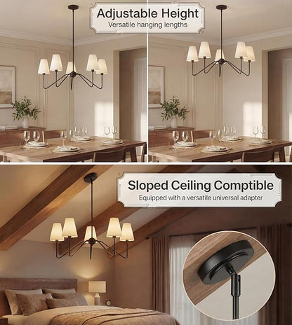 Electro bp;30" Dia 5-Arm Classic Chandeliers Matt Black with White Linen Shades,Light Fixture for Dining Room,Living Room,Bedroom,E12,200W;