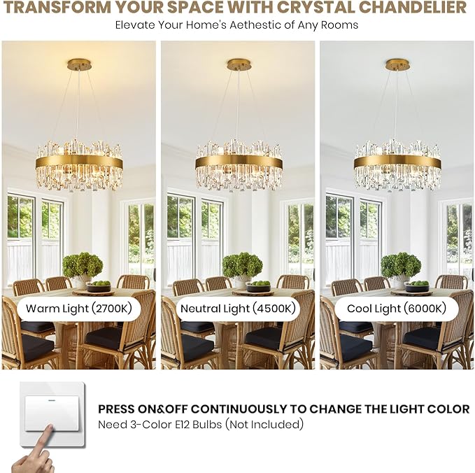 Modern Crystal Chandelier, 12 Lights Luxury Gold Round 2-Tiers K9 Crystal Raindrop Chandelier, Dimmable Crystal Ceiling Light for Dining Room Living Room Kitchen Entryway Foyer D19.7''