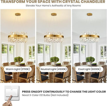 Modern Crystal Chandelier, 12 Lights Luxury Gold Round 2-Tiers K9 Crystal Raindrop Chandelier, Dimmable Crystal Ceiling Light for Dining Room Living Room Kitchen Entryway Foyer D19.7''