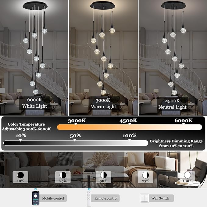 Modern Black Crystal Chandelier for High Ceiling 9-Lights, 99 Inches Luxury Spiral Dimmable LED Bubble Raindrop Pendant Lighting Fixture for Staircase Foyer Entryway Living Room
