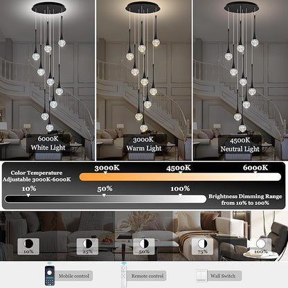 Modern Black Crystal Chandelier for High Ceiling 9-Lights, 99 Inches Luxury Spiral Dimmable LED Bubble Raindrop Pendant Lighting Fixture for Staircase Foyer Entryway Living Room