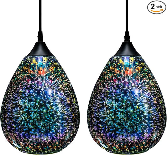 Yisuro Modern 3D Pendant Lights Kitchen Island 2 Pack, Farmhouse Colorful Glass Pendant Light with Clear Globe Shade, Kitchen Island Lighting for Dining Room Entryway, 7.8-inch Diameter