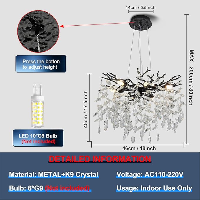 Modern Crystal Tree Branches Chandelier, 18in Black 6 Lights Large Ceiling Hanging Light for Dining Room, Round Raindrop Pendant Light Fixture