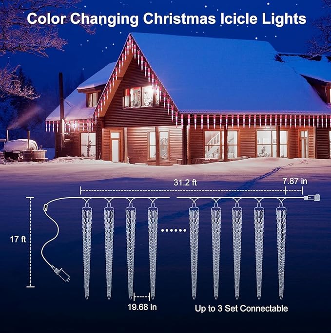 Brightown Color Changing Icicle Lights Outdoor 32.8FT 20 Tubes 100 LED Smart Christmas Lights, 39 Color Modes Waterproof Connectable Icicle Indoor Decoration for Tree Patio Roof Holiday, Smart