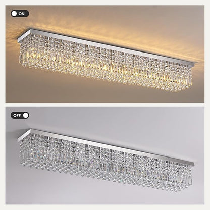 7PM Rectangular Chandelier, Modern Dining Room Light Fixture with Raindrop Chandelier Crystals, 13-Light Flush Mount Rectangle Chandelier for Dining Room Kitchen,Chrome Finish L59'' x W10'' x H9''