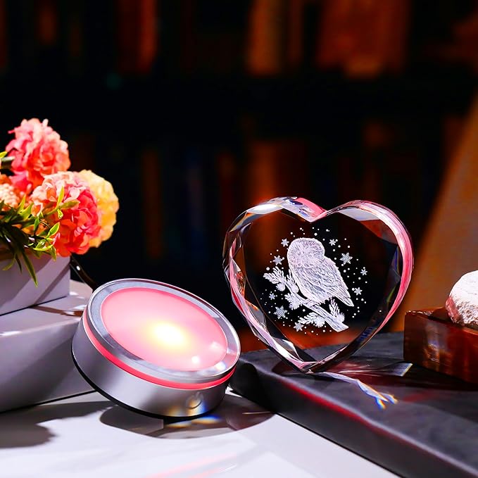 Qianwei Owl Gifts for Women 3D Crystal Heart - Laser Owl Decor Glass Animals Bird Gifts Figurines Statue Stuff for Room Decorations Bird Night Light