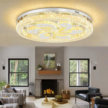 Modern Crystal Chandeliers for Dining Room Flush Mount Ceiling Chandelier for Living Room Dining Room Ring LED Crystal Ceiling Light (Round,40in Silver,Dimmable 2700K-6500K)