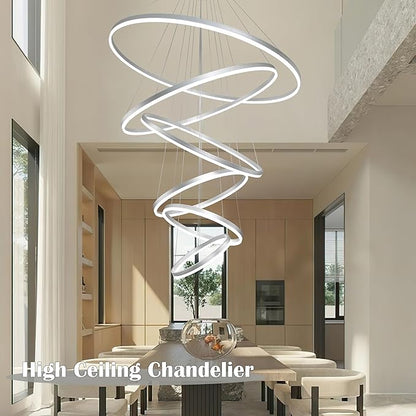 6 Rings Pendant Lights 47.2'' Modern Height Adjustable Chandeliers Sliver Led Chandelier Dimmable Sliver Chandelier Led Pendant Light for Dining Room Bedroom Living Room(3000K-6000K)