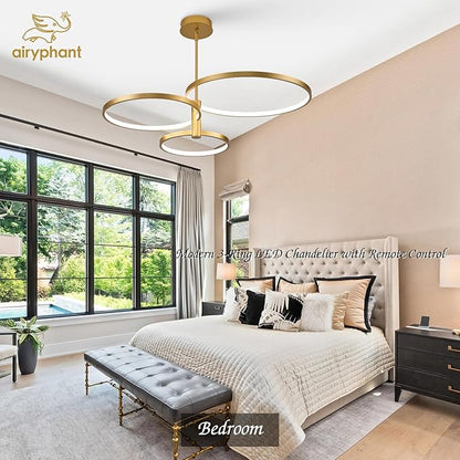 LED Ring Chandelier Modern Gold Chandellier for Dining Room 3-Light Dimmable Pendant Light Kitchen Island Contemporary Flush Mount Chandelier for Bedroom Living Room Dining Table Closet