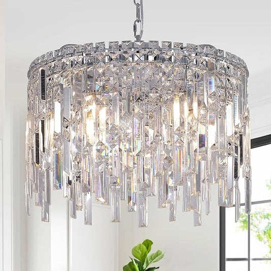 A AXILIXI Round Crystal Chandelier Modern 20" Drum Chandelier with Chain Chrome Adjustable K9 Raindrop Crystal Ceiling Pendant Fixtures 2 Tiers for Dining Room Bedroom Living Room