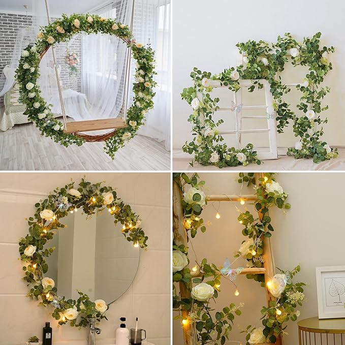 Yastouay 6.4 Ft Fuller Flower Garland with 3D Butterfly, Artificial Eucalyptus Garland with Champagne Flowers Fake Rose Vine for Table Centerpiece Wedding Baby Shower Party Room Backdrop Decor