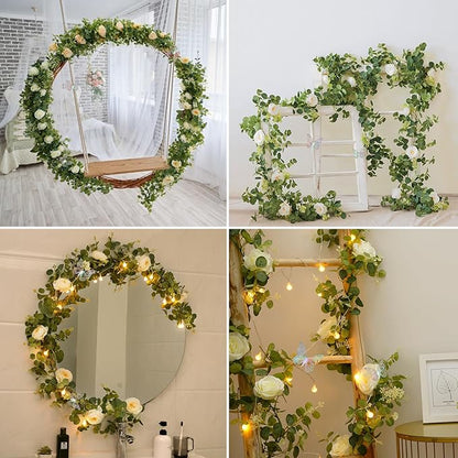 Yastouay 6.4 Ft Fuller Flower Garland with 3D Butterfly, Artificial Eucalyptus Garland with Champagne Flowers Fake Rose Vine for Table Centerpiece Wedding Baby Shower Party Room Backdrop Decor