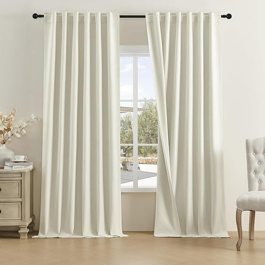 DUALIFE 2Pcs Extra Long Linen Drapes 132 Inch Length Hanging-Rod Pocket Back Tab Blackout Tall Floor to Ceiling 2 Story Curtains for Patio Sliding Door Villa Hall Theater 11FT Length,Cream Beige