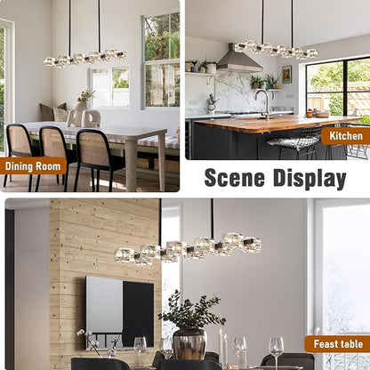 Modern Crystal Chandeliers for Dining Room,Black and Gold Pendant Lights Fixture with 10-Lights,Adjustable Height Hanging Ceiling Light for Kitchen Island,Bedroom,Over Table,Living Room
